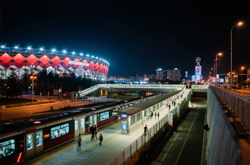 世界杯北美城市夜景与球场交通衔接示意